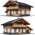 Rustic Wooden Detached Villa With Black Roof Balcony Chimney And Attic Windows