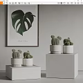 Cactus Potted Plants Interior Decor With White Cube Pedestals And Monstera Leaf Painting