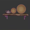 Wooden Shelf With Silver Teapot And Two Golden Plates On