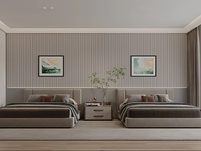 Modern Minimalist Bedroom Interior With Two Beds Grey Headboards Striped Wallpaper And Green Plant On Nightstand 3d model