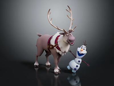 Cheerful Reindeer With Harness Standing Next To Playful Snowman Animated Movie Characters 3d model