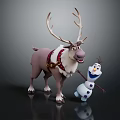 Cheerful Reindeer With Harness Standing Next To Playful Snowman Animated Movie Characters