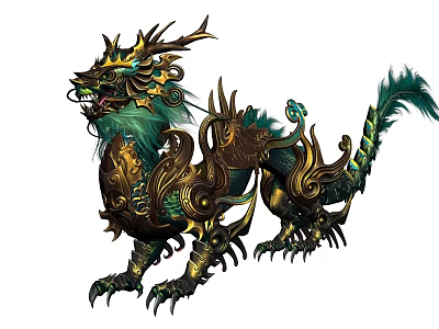 Ornate Mythical Dragon Creature With Gold Green Scales Decorative Mane And Tail Details 3d model