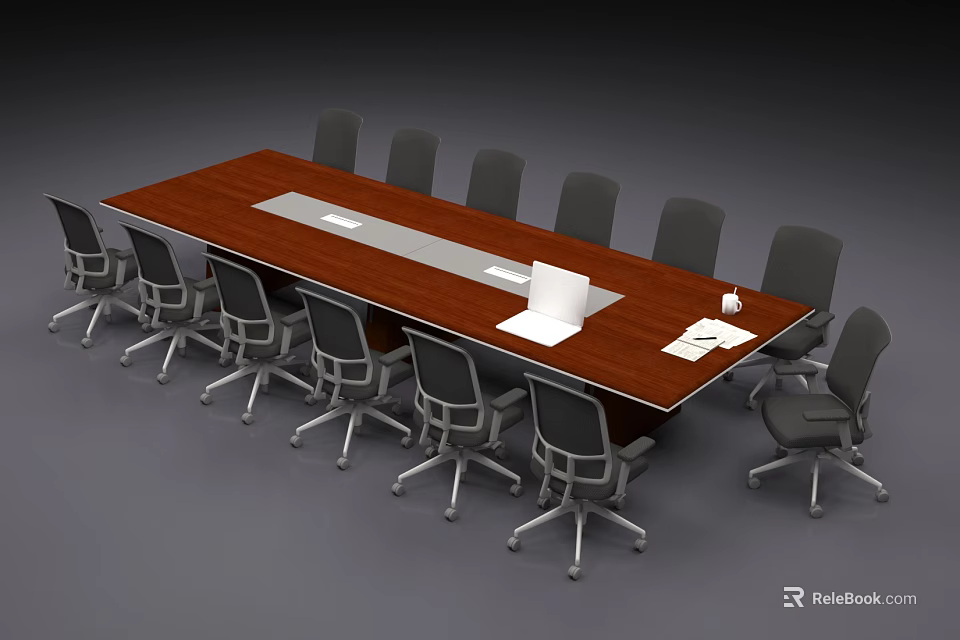 Modern Office Conference Table With Wooden Top Central White Panel And Gray Swivel Chairs 3d model 