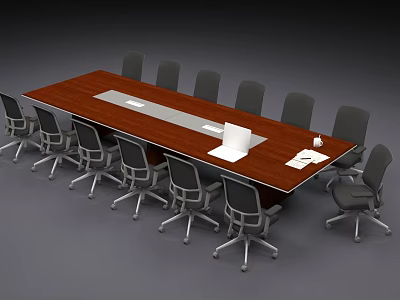 Modern Office Conference Table With Wooden Top Central White Panel And Gray Swivel Chairs 3d model