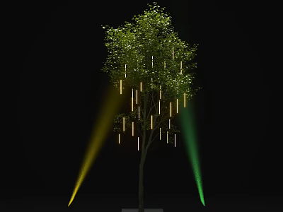 Arbor with Green Leaves and Hanging Cylindrical Elements Under Yellow Green Light Beams 3d model