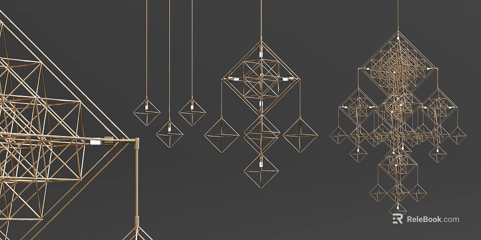 Modern Gold Geometric Chandeliers With Diamond Shaped Frames And Hanging Design 3d model