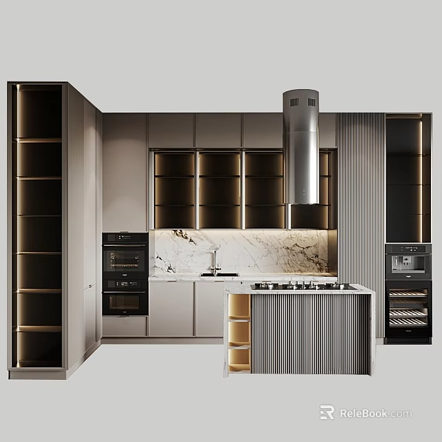 Sleek Modern Kitchen Interior With Marble Countertop Island And Built In Appliances 3d model 