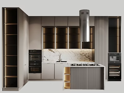 Sleek Modern Kitchen Interior With Marble Countertop Island And Built In Appliances 3d model