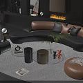 Modern Curved Sofa Coffee Table Set With Round Rug Floor Lamps And Decorative Figurines