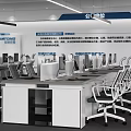 Modern Public Office Space With Open Layout Desks Computers White Pillars And Hanging Lights 3d model