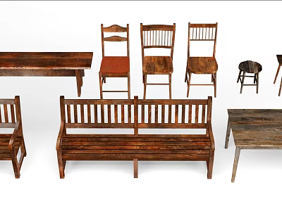 Rustic Wooden Outdoor Chairs And Bench With Natural Design For Garden Patio 3d model