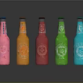 Colorful Glass Bottles Display With Pink Orange Red Green Blue Labels And Logos