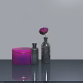 Light Gray Hinged Door With Pink Container Silver Bottles And Pink Flower On Table