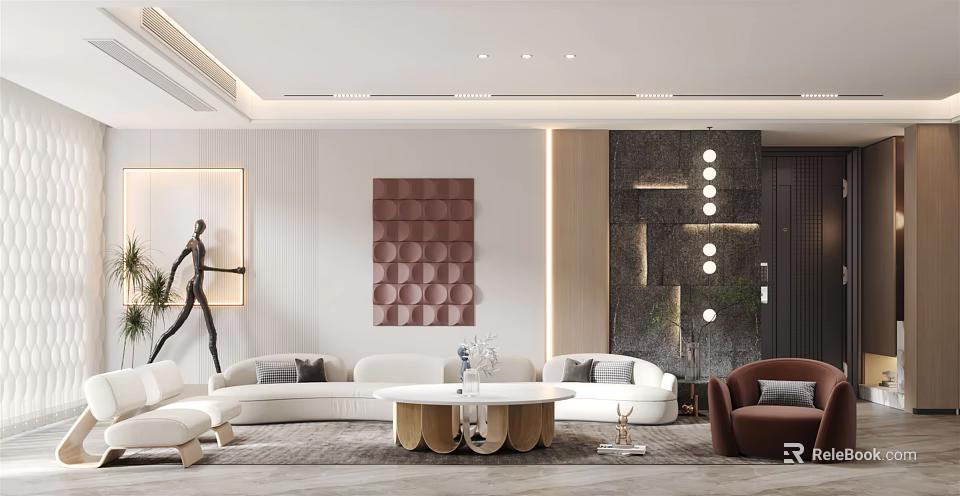 Modern Living Room Interior With White Sofa Round Coffee Table Brown Armchair And Decorative Wall Art 3d model 