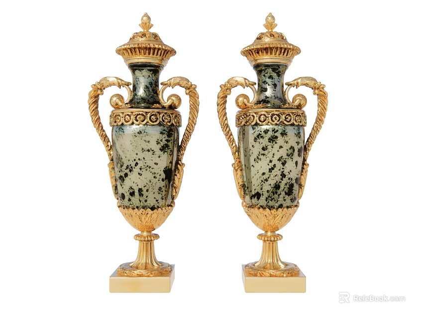 Pair of Classic Vases with Gold Accents Speckled Bodies and Ornate Handles on Pedestal Bases 3d model 