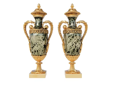 Pair of Classic Vases with Gold Accents Speckled Bodies and Ornate Handles on Pedestal Bases 3d model