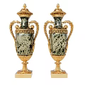 Pair of Classic Vases with Gold Accents Speckled Bodies and Ornate Handles on Pedestal Bases
