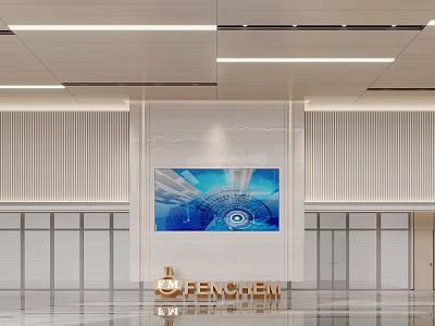 Modern Front Desk Reception Lobby With Large Display Screen And Golden Logo 3d model