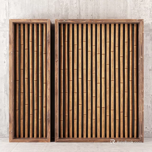 Natural Wooden Frame Wall Decor Featuring Vertical Bamboo Strips For Rustic Interior 3d model 