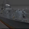 Gray Military Warship With Red Bottom Turret Antenna And Deck Equipment