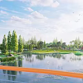 Urban Waterfront Landscape with Green Grassland People Relaxing Trees and High Rise Buildings