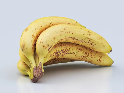 Bunch of Fresh Ripe Yellow Bananas With Brown Spots And White Background 3d model