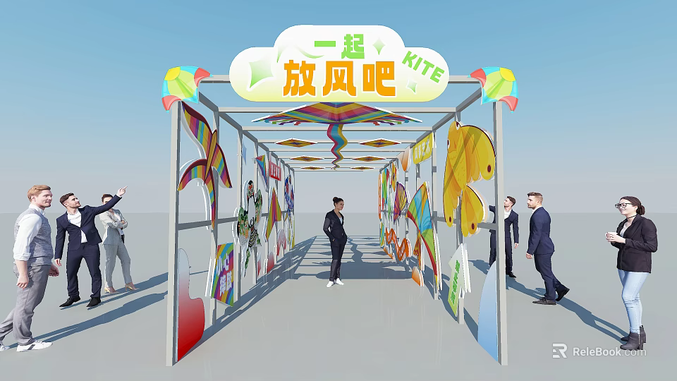 Colorful Kite Exhibition Corridor With People Walking And Decorative Artworks 3d model 