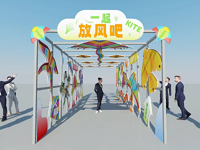 Colorful Kite Exhibition Corridor With People Walking And Decorative Artworks 3d model