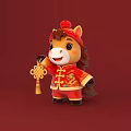 Cartoon Horse Holding Chinese Knot Red Traditional Costume Red Background Photo Spot