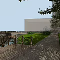 Tranquil Garden Landscape With Wooden Bridge Small Stream Green Grass And Trees Near Background Buildings