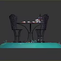 Elegant Round Table And Chairs Furniture Set With Cake And Blue Glow