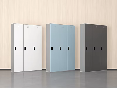 Storage Cabinets in White Light Blue Dark Gray with Lockable Doors Against Light Wood Wall 3d model