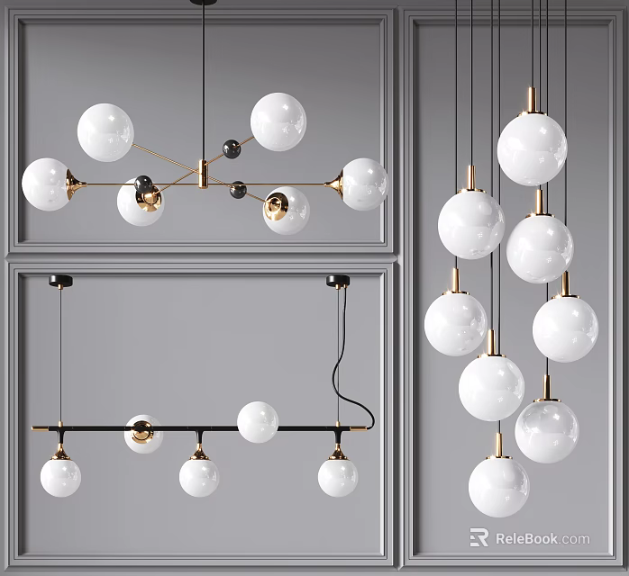 Various Modern Chandelier Designs Featuring White Spherical Bulbs And Metal Frames 3d model