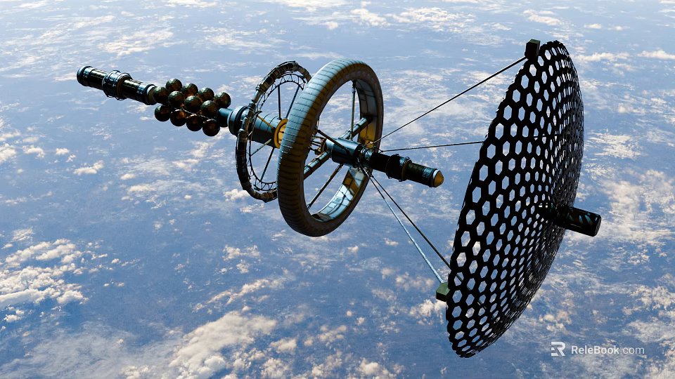 Spacecraft Component With Wheel Structure And Mesh Antenna In Earth Orbit 3d model 