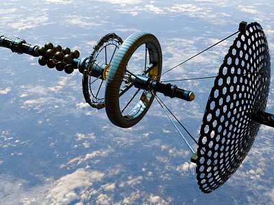 Spacecraft Component With Wheel Structure And Mesh Antenna In Earth Orbit 3d model