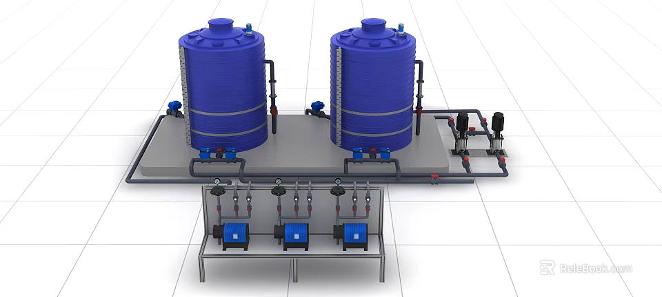 Industrial Equipment Featuring Blue Storage Tanks Piping Systems And Control Panels Setup 3d model 