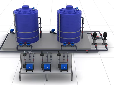 Industrial Equipment Featuring Blue Storage Tanks Piping Systems And Control Panels Setup 3d model