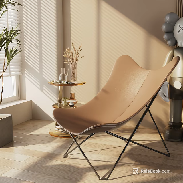 Modern Tan Leather Lounge Chair With Black Metal Frame And Side Table In Sunlit Room 3d model 