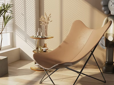 Modern Tan Leather Lounge Chair With Black Metal Frame And Side Table In Sunlit Room 3d model