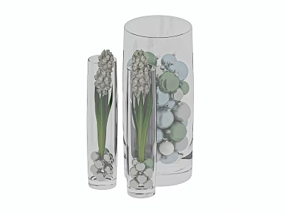 Transparent Glass Vases With White Flowers And Colorful Decorative Balls For Home Living 3d model