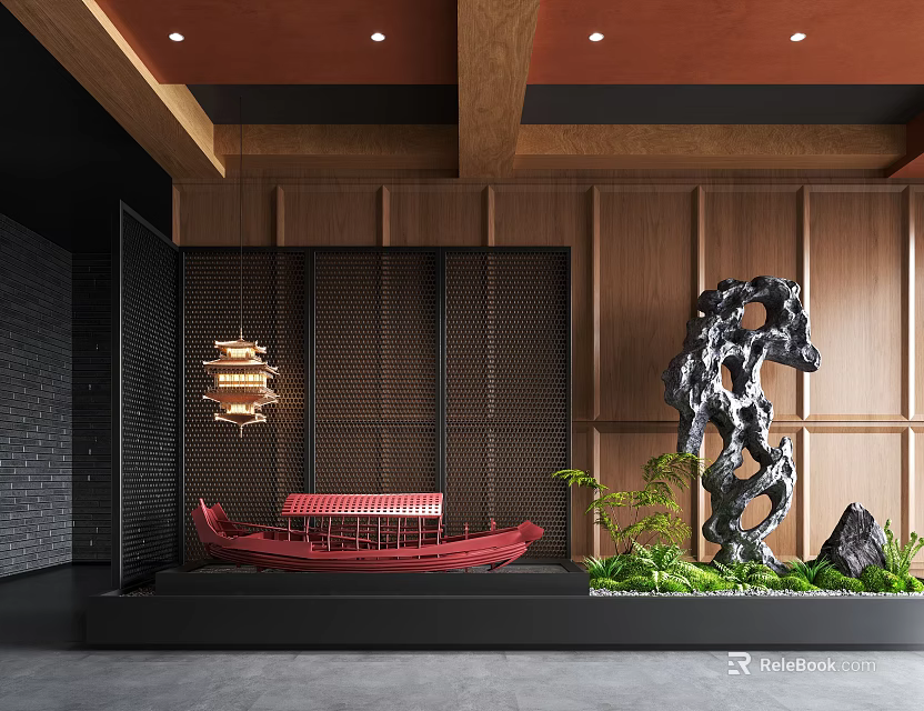 Traditional Interior Landscape With Red Boat Black Metal Grille Wooden Wall Hanging Lantern And Greenery 3d model 