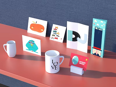 Decorative Tabletop Items With Colorful Cards White Mugs And Red Holder 3d model
