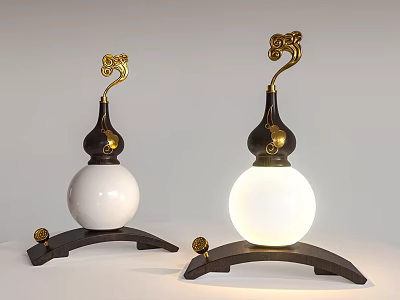 Traditional Chinese Gourd Shaped Table Lamp With Dark Wooden Base And Golden Decorative Top 3d model