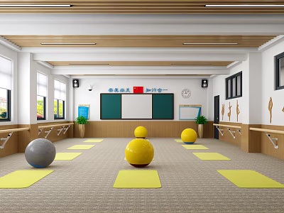 Fitness Studio With Yellow Yoga Mats Gray Yellow Exercise Balls Blackboard Green Plants Fitness Rails 3d model