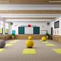Fitness Studio With Yellow Yoga Mats Gray Yellow Exercise Balls Blackboard Green Plants Fitness Rails