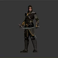 Hooded Man in Black Outfit with Yellow Accents Holding Two Daggers