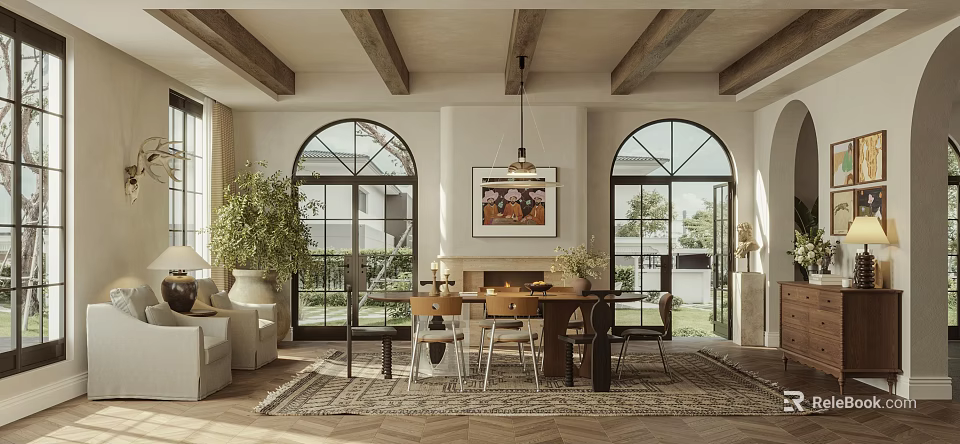Modern Dining Room Interior With Arched Windows Wooden Beams Chandelier And Fireplace 3d model 