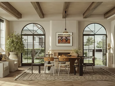 Modern Dining Room Interior With Arched Windows Wooden Beams Chandelier And Fireplace 3d model