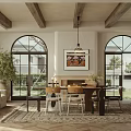 Modern Dining Room Interior With Arched Windows Wooden Beams Chandelier And Fireplace